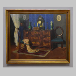 Romek Àrpàd, Elegantes Interieur mit Kommode und Portaluhr, 20. Jh.